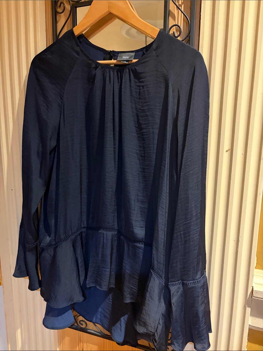 Navy Long-Sleeve Ruffle-Hem Blouse - Lightweight Women's Top